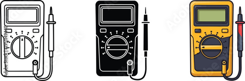 Vector graphic illustration of multimeters in different styles on white background