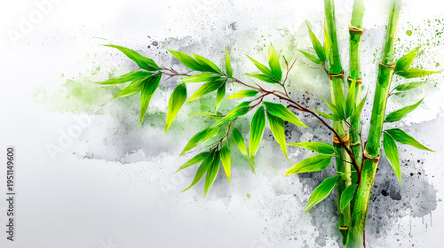 A vibrant bamboo plant with green leaves and stalks against a soft, watercolor-style background. The scene conveys a sense of tranquility and nature.