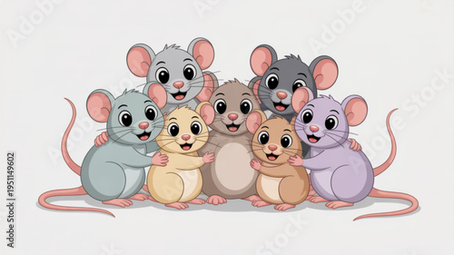 Group of cute cartoon mice diverse colors and friendly expressions perfect for childrens books pet themes and playful designs isolated on white