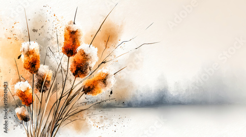 A soft, abstract background featuring delicate orange and white flowers with slender stems. The scene has a gentle, muted color palette, creating a serene atmosphere.