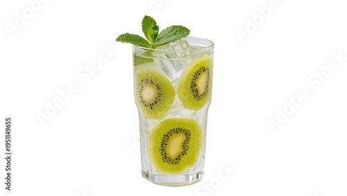 Quadro su tela Refreshing kiwi and mint sparkling drink with ice cubes in a tall glass, perfect