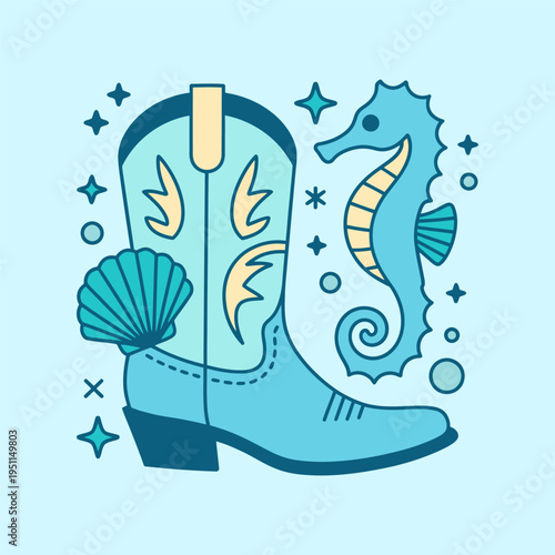 Cowboy Boot with Seahorse and Sea Elements Illustration