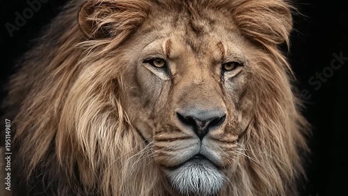 Majestic male lion with a full mane stares intently forward