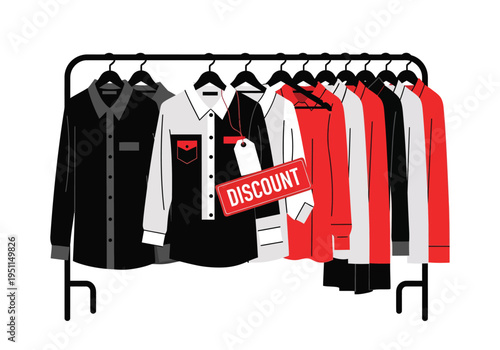 Black and white men's shirts with red discount tag on a clothing rack, vector illustration for fashion sales and retail promotions