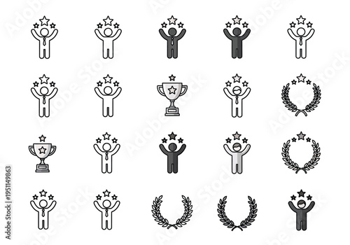 Set of 20 Achievement and Success Vector Icons with People, Trophies, Stars, and Laurel Wreaths in Outline and Filled Styles for Web and Print