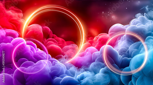 Colorful abstract background with swirling clouds in shades of pink, purple, and blue. Two glowing circles are present, adding depth to the scene.