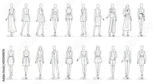 Fashion croquis collection of 20 female figures, hand drawn clothing sketches in EPS format, professional garment design templates for apparel illustration