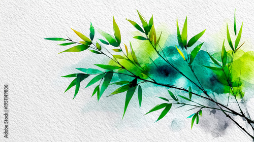 A watercolor background featuring bamboo leaves in shades of green and blue. The leaves are delicately arranged against a textured white backdrop.