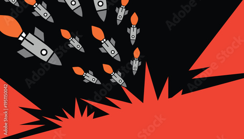 Graphic illustration of a barrage of grey rockets with orange flames descending towards a large red explosion on a black background.