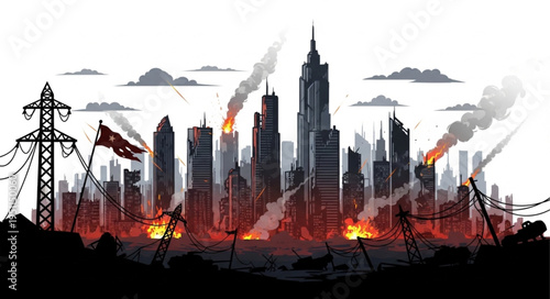 City Skyline on Fire Burning.