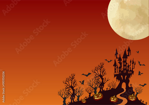 ハロウィン、イベント、１０月、秋、パーティ、城、コウモリ、満月、夜、影、ジャックオーランタン、シルエット、満月、月、夜、おばけ、木、不気味、水彩、かぼちゃ、アイコン、背景、アブストラクト、バックグラウンド