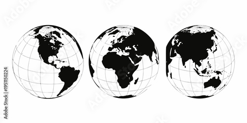 "A professional, minimalist graphic design set featuring three black-and-white globes showing different world perspectives: the Americas, Europe and Africa, and Asia and Oceania. Each globe includes a