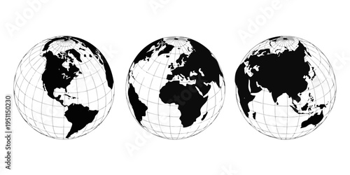 "A professional, minimalist graphic design set featuring three black-and-white globes showing different world perspectives: the Americas, Europe and Africa, and Asia and Oceania. Each globe includes a