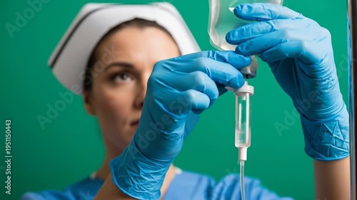 Nurse adjusting intravenous drip with sterile blue gloves against green background, healthcare