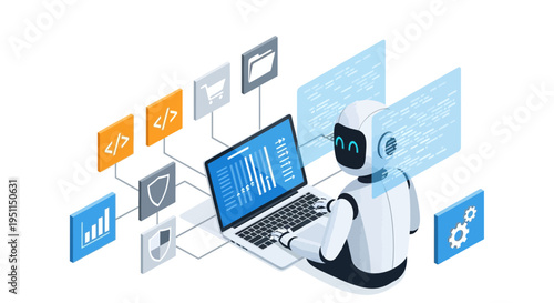 AI Robot Coding on Laptop with Data Icons, Futuristic Technology Concept