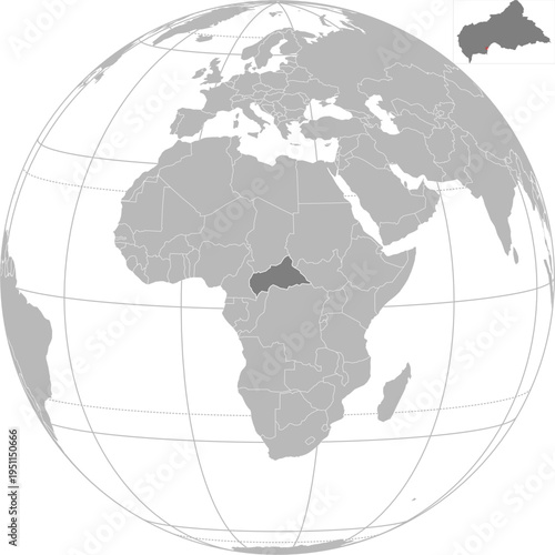 World vector map with country boundaries and graticules (Central African Republic centered view, orthographic projection, PPT-compatible & fully editable)