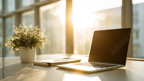 朝日が差し込むデスクとノートパソコン 新しい一日の始まりを感じるビジネスシーン