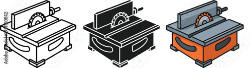 Various illustrations of a table saw in different colors on white background