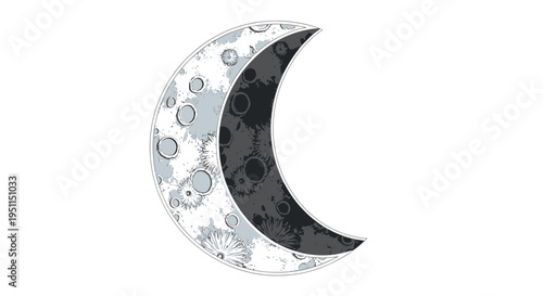Crescent Moon Graphic with Crater Texture - Celestial Night Sky Symbol