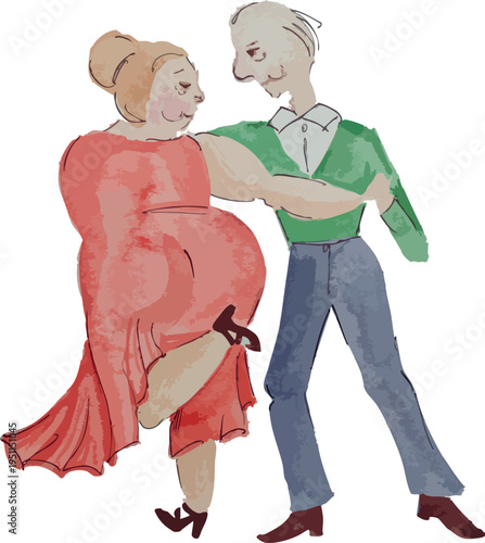 Traditional elderly couple dancing tango together. A smiling senior man and woman dance, active old grandfather and grandmother. Cartoon flat Vector hand-drawn illustration. Active aging.