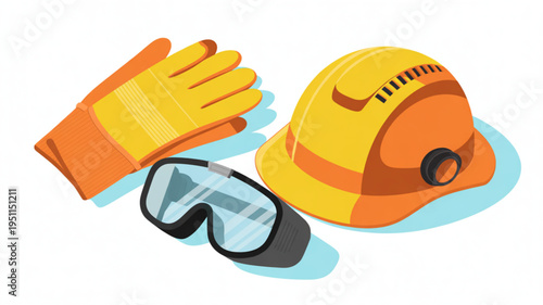 Safety equipment set including hard hat gloves and safety glasses vector illustration for construction and industrial work isolated on white