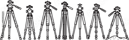 A detailed illustration of various tripod designs for photography equipment Vector