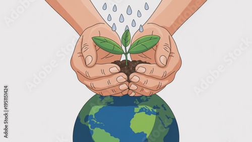 Hands nurturing a young plant growing from soil on planet Earth with water droplets falling symbolizing environmental care and growth