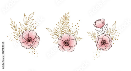 Delicate floral arrangements with pink flowers and golden accents