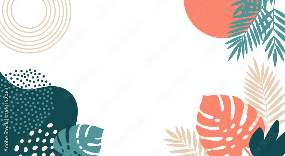 Obraz premium Abstract Tropical Leaves and Shapes, Minimalist Boho Background with Copy Space