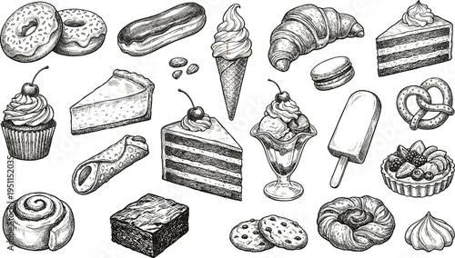 Hand drawn dessert illustration collection featuring donuts, cakes, pastries, ice cream, cookies, vintage sketchbook style vector design