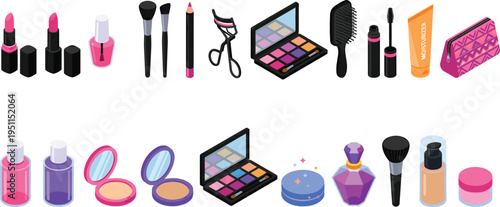 Professional makeup kit, cosmetic products, beauty tools, lipstick, eyeshadow palette, perfume bottle, skincare essentials, 3D isometric vector illustration, fashion accessory