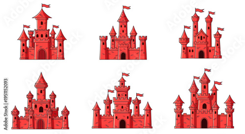 Collection of Red Fantasy Castles with Flags