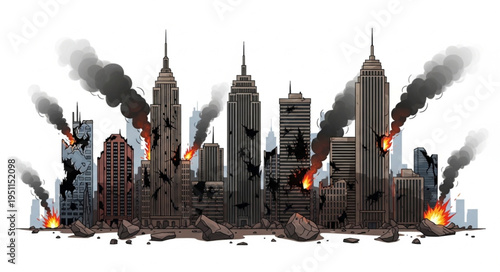 City Skyline on Fire Burning.