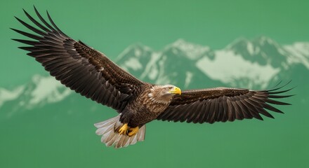 Majestic Bald Eagle in Flight Against Mountain Range Sky Scene