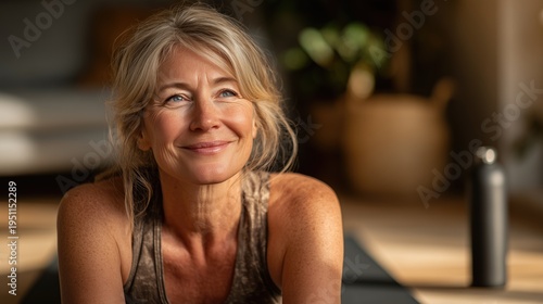 Active Longevity: A Mature Woman in Her 50s Doing Basic Gymnastics and Stretching Exercises in a Bright Home Interior