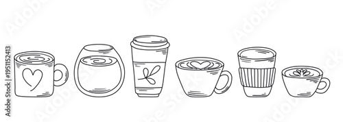 Hot, invigorating morning drink - coffee set in doodle sketch style. Cappuccino, Americano, latte in cup, mug, takeaway cup. Simple outline drawing of beverages, vector graphic