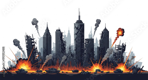 City Skyline on Fire Destroyed.