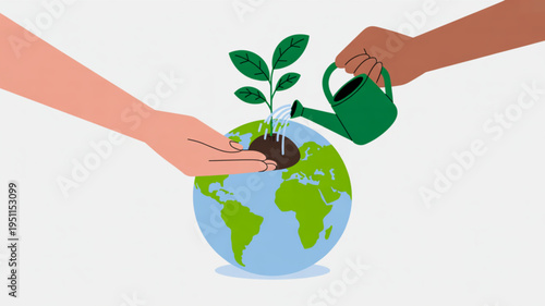Hands planting a seedling on planet Earth symbolizing environmental care and global growth flat vector illustration for sustainability concepts