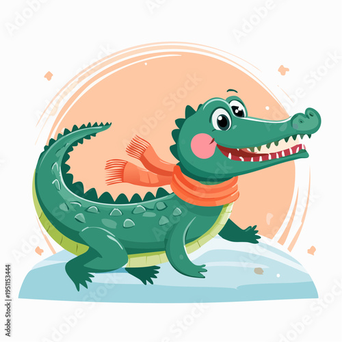 Cute cartoon alligator wearing a scarf in the snow with a happy smile