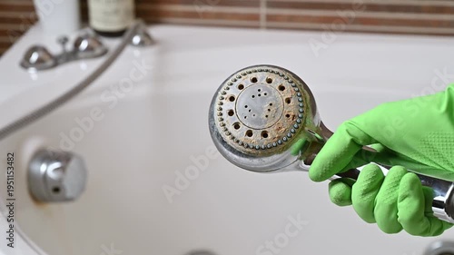 A man holds an old shower head with limescale.