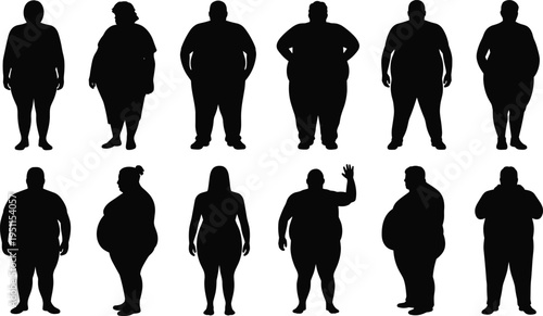 Obese people silhouette collection, overweight male and female body types standing figures diversity concept isolated black vector set