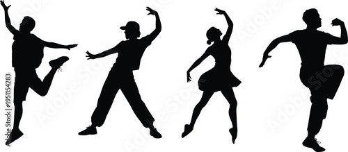dance, dancers, silhouettes, hiphop, ballet, freestyle, movement, pose, performance, rhythm, energy, fitness, action, dynamic, motion, isolated, black, figures, choreography, activity