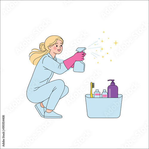 Happy female cleaner spraying disinfectant, house cleaning flat illustration isolated