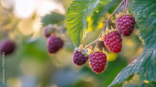 Close-up of ripe, red berries on a branch with green leaves, illuminated by sunlight