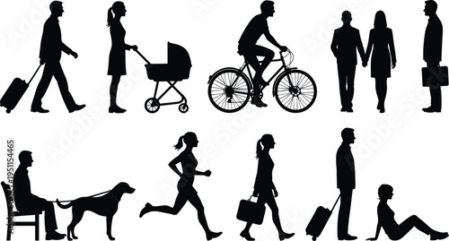 Black silhouettes of people in various activities on white background walking