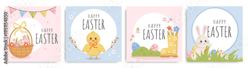 Cute Easter greeting cards set with bunny, chick, flowers and eggs. Pastel square templates for social media posts and holiday greetings