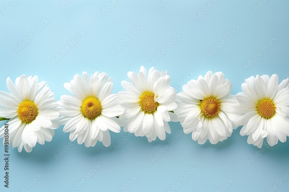 Obraz premium White daisies line up on a blue background, showcasing their simple beauty while attracting attention to their shapes and colors