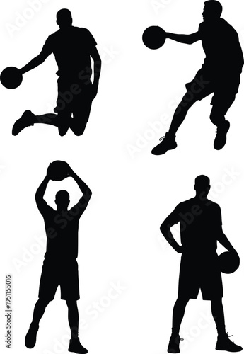 basketball, player, silhouette, set, dribbling, jumping, shooting, athlete, sport, action, isolated, black, figure, dynamic, collection, basketballer, motion, training, competition, vector