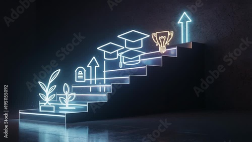 Conceptual illustration of career and education growth with glowing stairs and icons of plants, graduation caps, and trophy