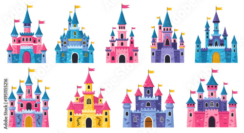 Fairy Tale Castles Collection: Pink, Blue, Purple, Yellow - Fantasy Kingdom Icons